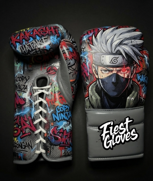 Premium white boxing gloves featuring Kakashi Sharingan inspired graffiti artwork with colorful anime street art design.