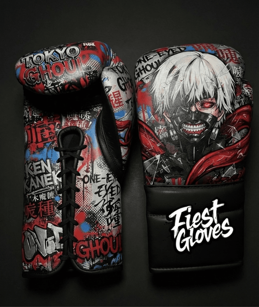 Premium white boxing gloves featuring Ken Kaneki Awakened inspired graffiti artwork with bold anime street art graphics.