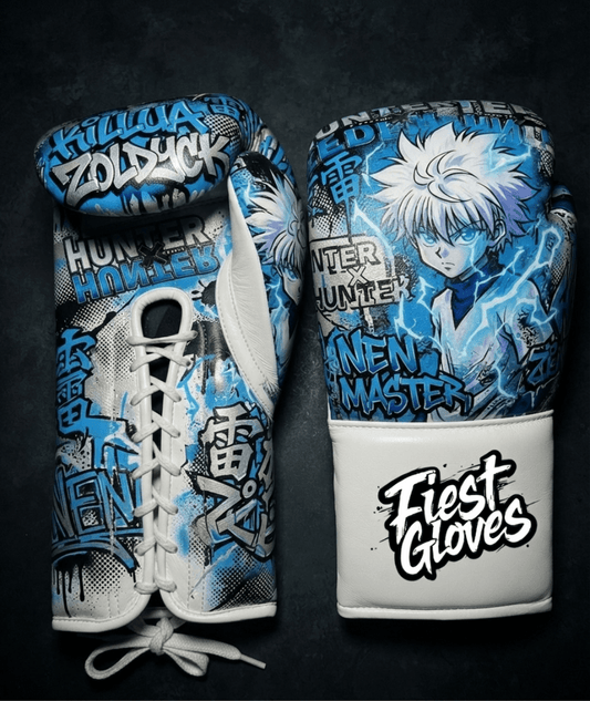 Premium boxing gloves featuring Nen Energy Killua inspired graffiti artwork with electric anime street art styling.