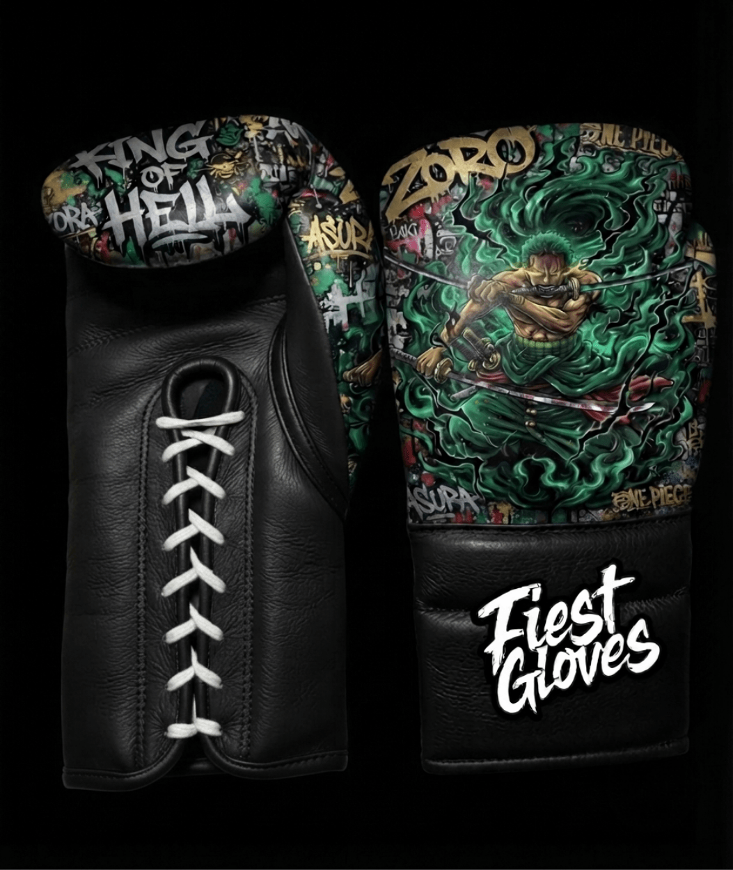 Premium boxing gloves featuring King of Hell Zoro inspired graffiti artwork with green anime street art graphics.