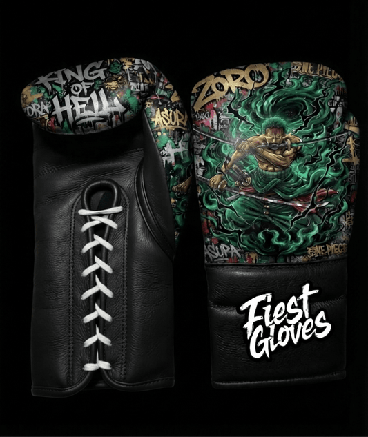 Premium boxing gloves featuring King of Hell Zoro inspired graffiti artwork with green anime street art graphics.