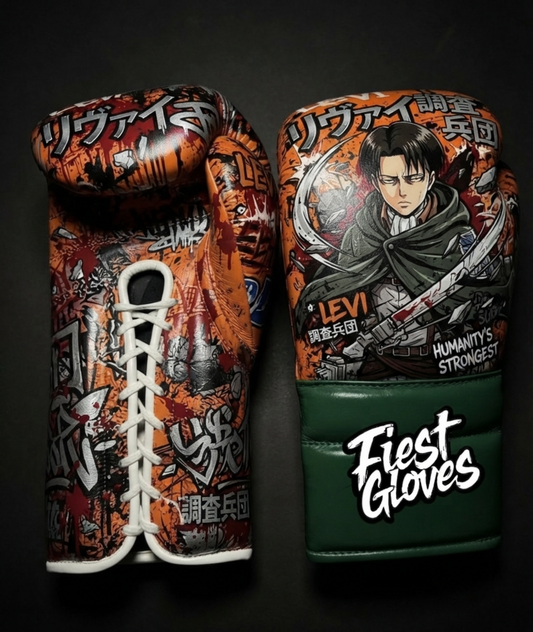 Premium white boxing gloves featuring Levi Ackerman ODM Gear inspired graffiti artwork with colorful anime street art design.