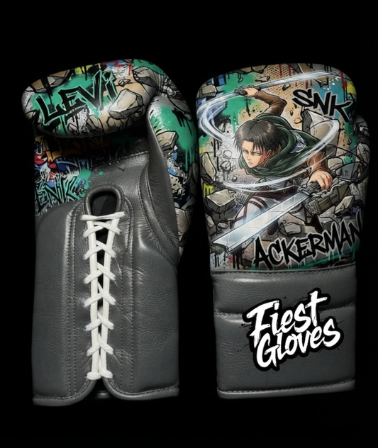 Premium white boxing gloves featuring Levi Speed Slash inspired graffiti artwork with colorful anime street art design.
