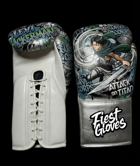 White boxing gloves featuring Levi Titan Slayer inspired graffiti artwork with action-themed anime graphics.