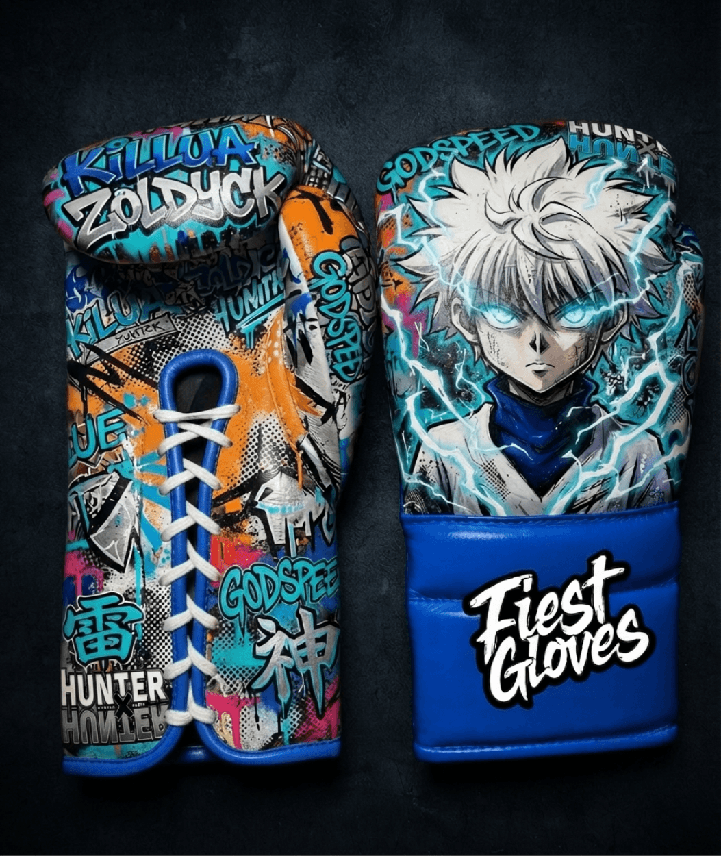 Premium white boxing gloves featuring Godspeed Killua inspired graffiti artwork with electric blue anime street art graphics.