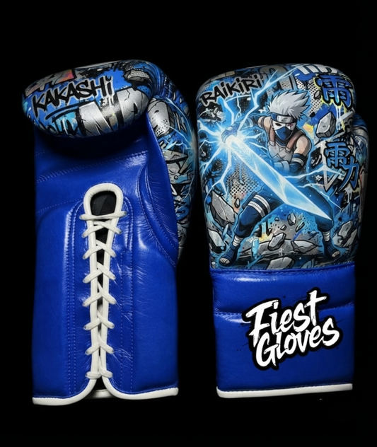 Premium boxing gloves featuring Lightning Blade inspired graffiti artwork with blue anime street art graphics.