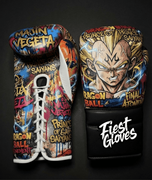 Premium boxing gloves featuring Majin Vegeta inspired graffiti artwork with colorful anime street art styling.