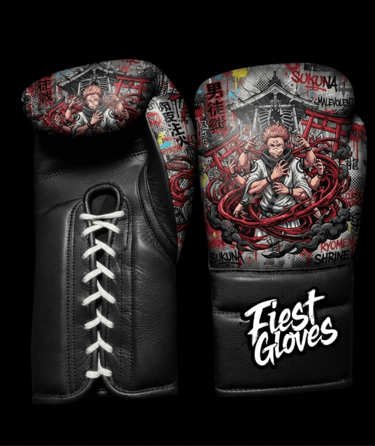 Premium boxing gloves featuring Malevolent Shrine inspired graffiti artwork with crimson anime street art graphics.