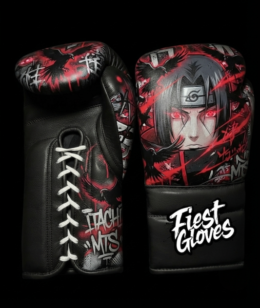 Premium boxing gloves featuring Mangekyo Sharingan Itachi inspired graffiti artwork with red and black anime graphics.