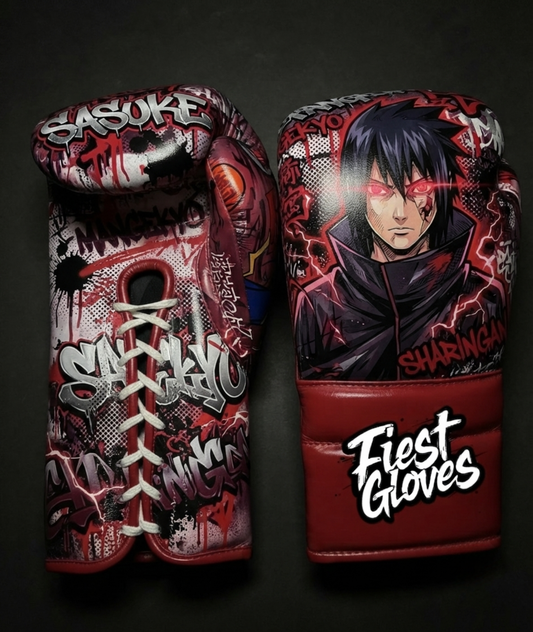 Premium Red boxing gloves featuring Mangekyo Sharingan Sasuke inspired graffiti artwork with colorful anime street art design.
