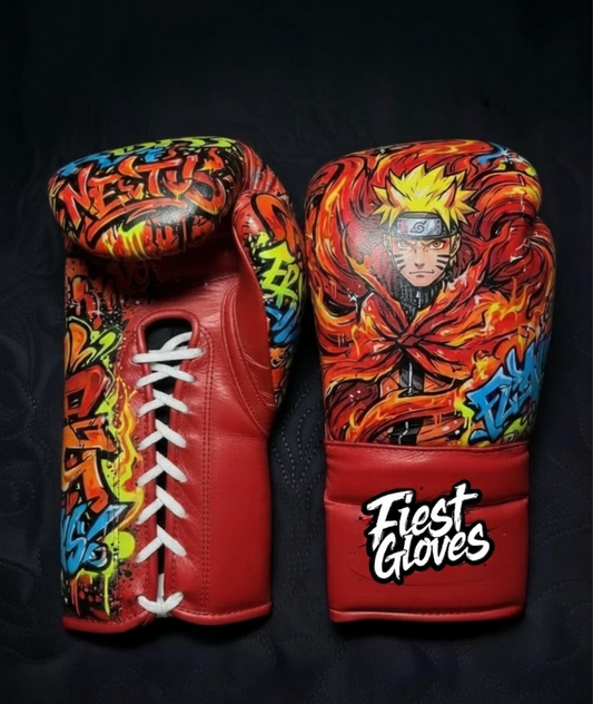 Premium boxing gloves with Naruto Nine-Tails inspired graffiti artwork and colorful anime street art design.