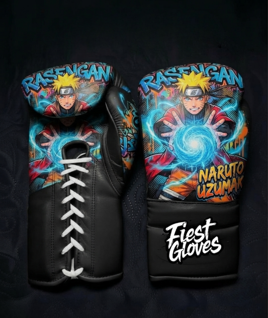 Black boxing gloves with Naruto Rasengan inspired graffiti artwork and colorful anime street art print.