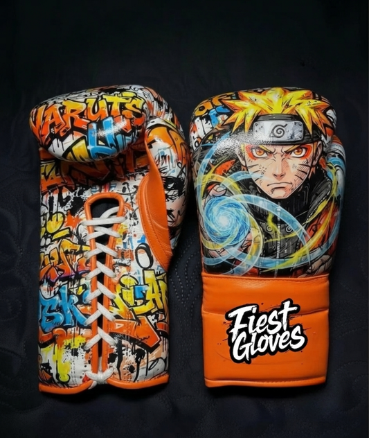  White boxing gloves featuring Naruto Sage Mode inspired graffiti artwork with colorful street art graphics.