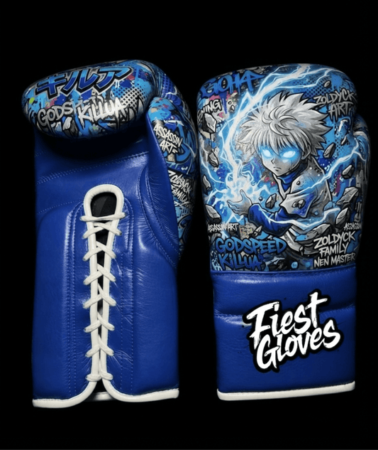 Premium white boxing gloves featuring Killua Lightning Strike inspired graffiti artwork with colorful anime street art design.