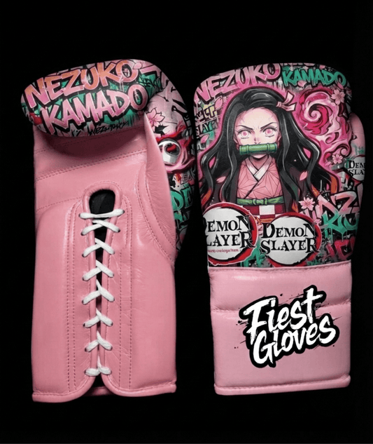 Premium boxing gloves featuring Cherry Blossom Nezuko inspired graffiti artwork with anime floral street art styling.