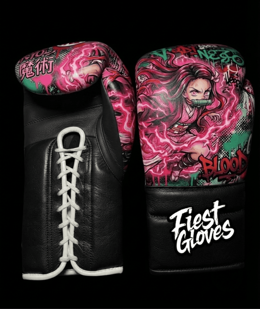 Premium white boxing gloves featuring Nezuko Pink Flame inspired graffiti artwork with colorful anime street art design.