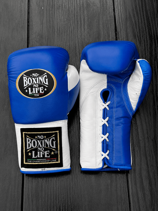 No Boxing No Life Boxing Gloves Blue/White on Hands Training Action Shot