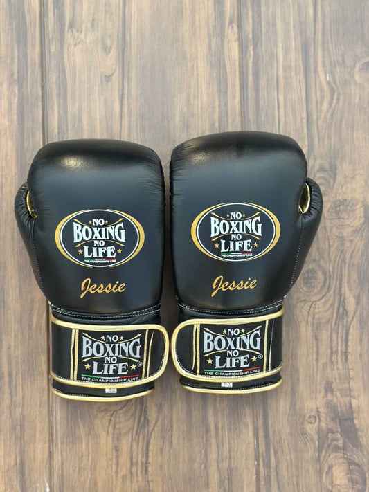 No Boxing No Life Black/Gold Boxing Gloves 14oz Premium Training Gloves Back View