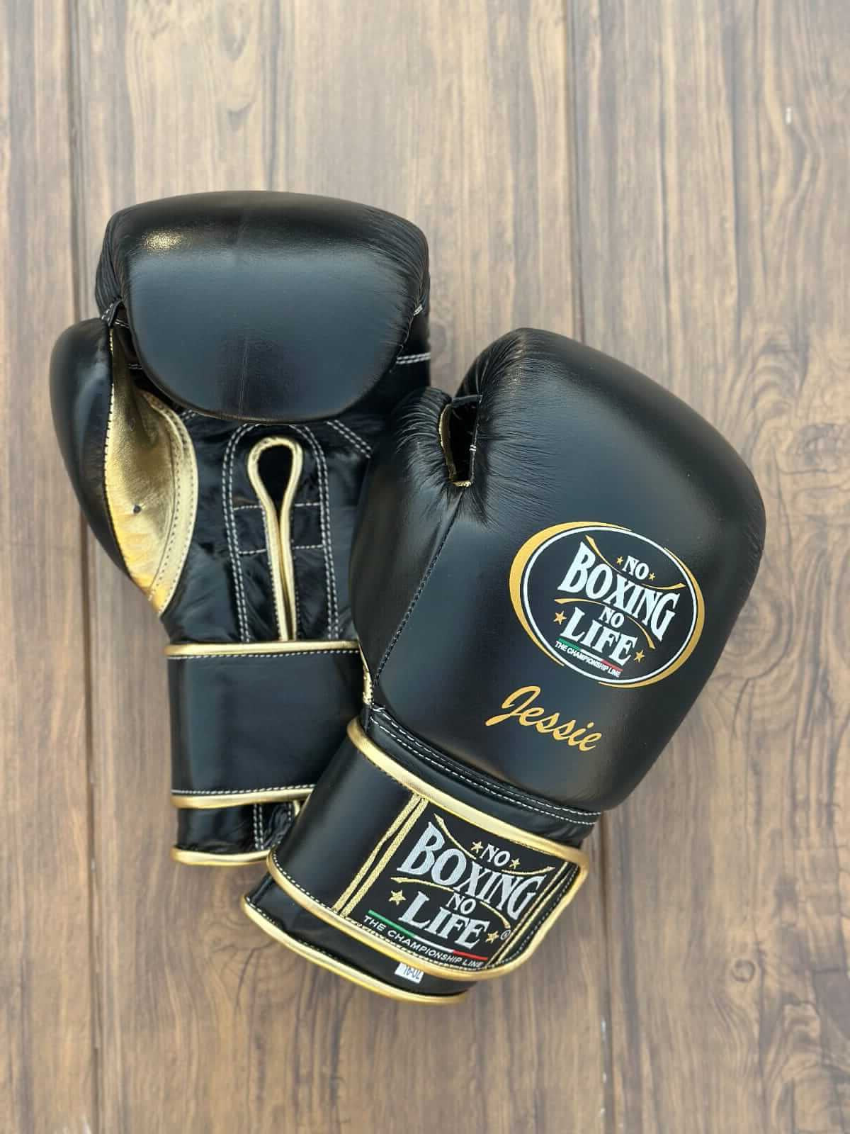 No Boxing No Life Black/Gold Boxing Gloves 14oz Premium Training Gloves ront View