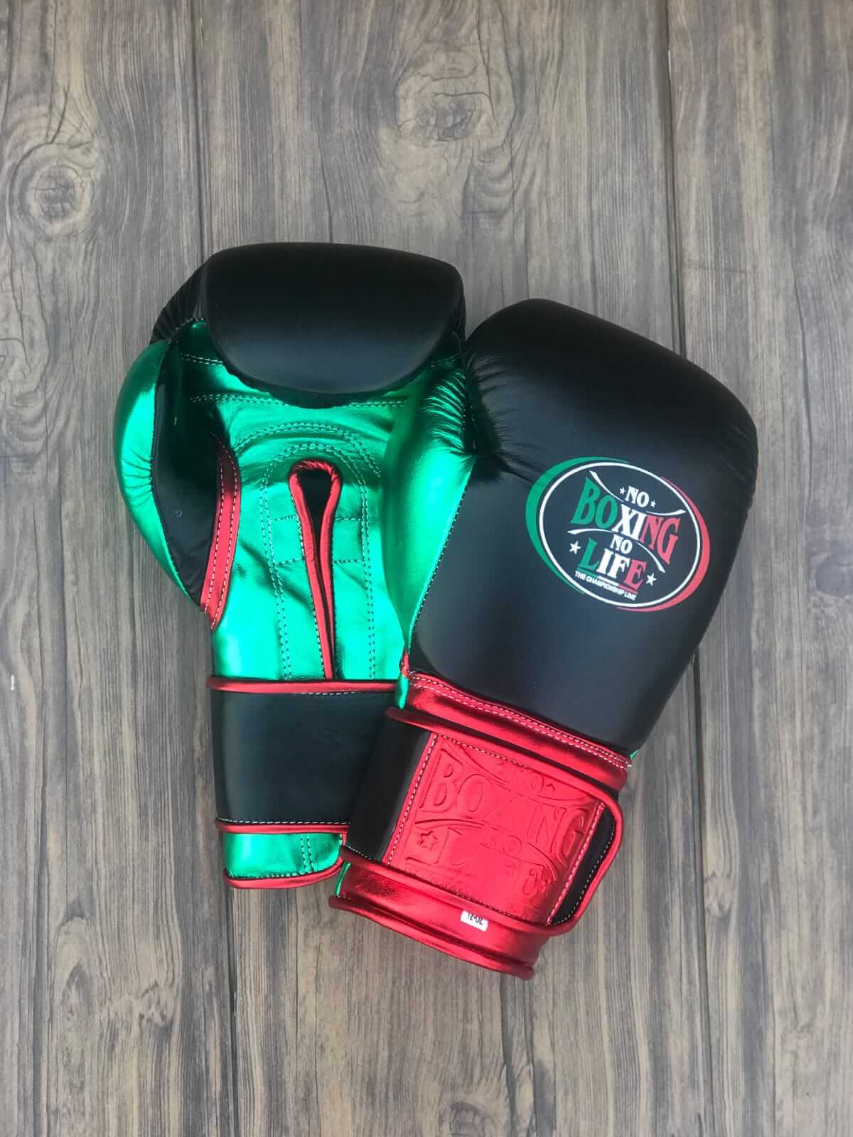 No Boxing No Life Black/Green/Red  Boxing Gloves Front View