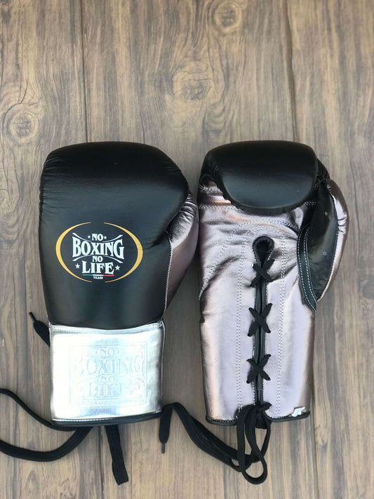 No Boxing No Life Gloves Black/Grey/Silver Curved Leather Gloves Front View