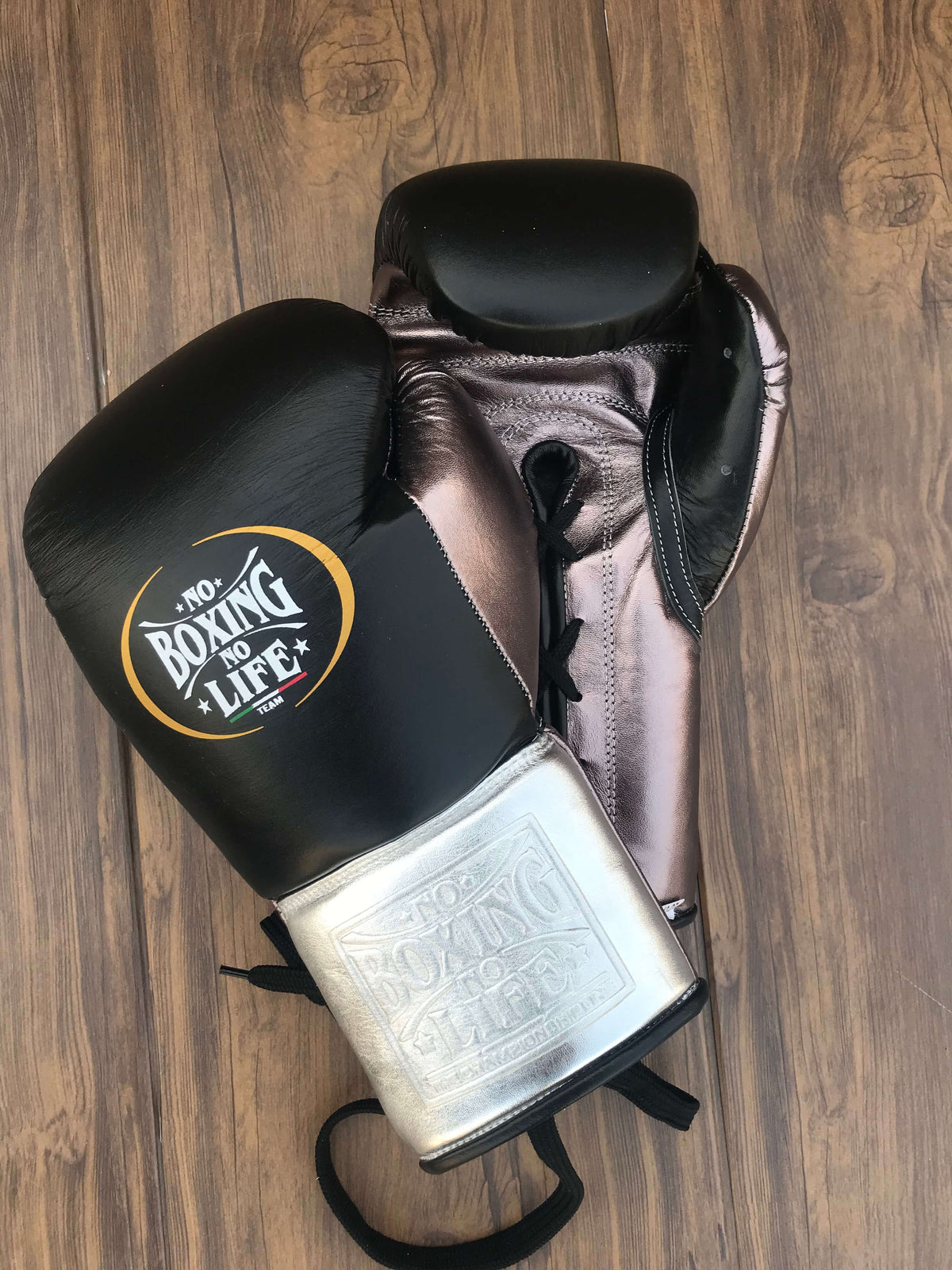 No Boxing No Life Gloves Black/Grey/Silver Curved Leather Gloves for MMA Training