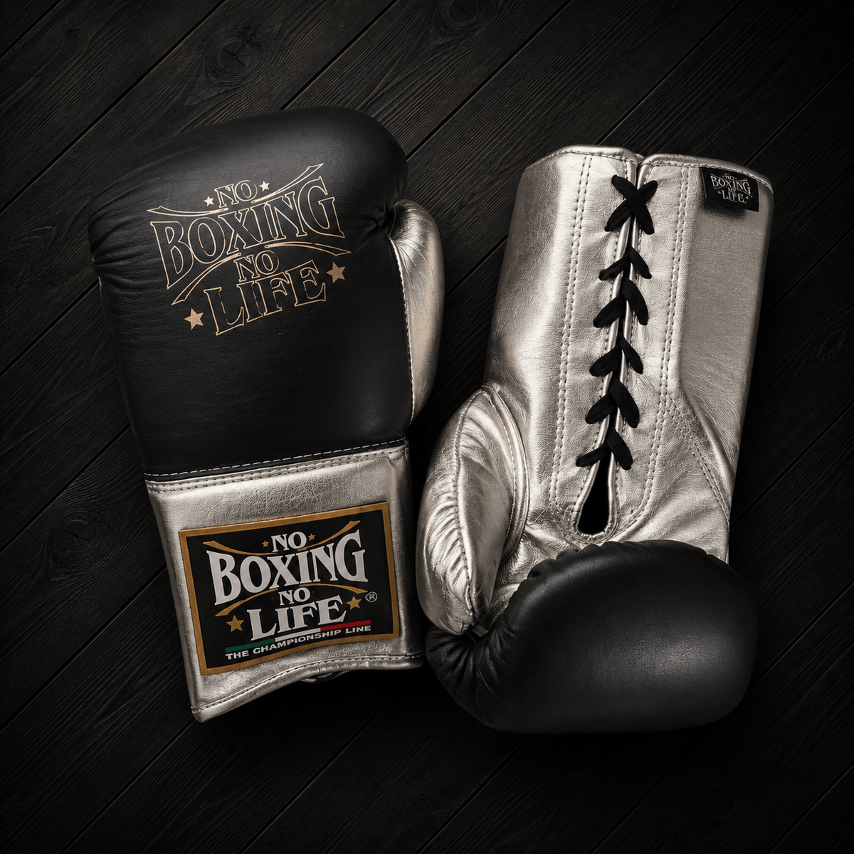 No Boxing No Life Gloves Black/Silver Leather Training Gloves for Sparring