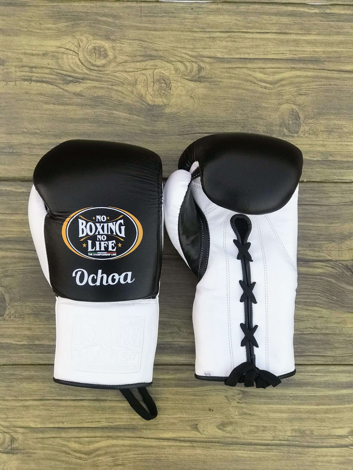 No Boxing No Life Gloves Black/White Leather Training Gloves Front View