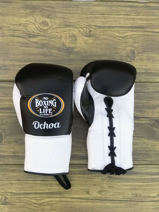 No Boxing No Life Gloves Black/White Leather Training Gloves Front View