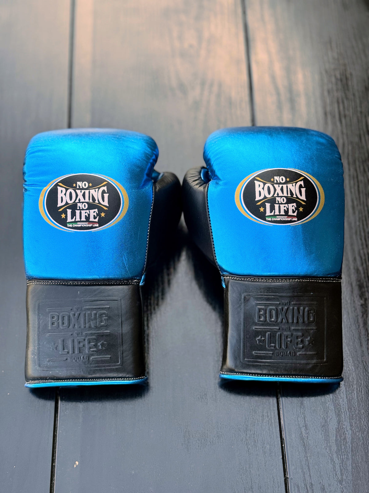 No Boxing No Life Gloves Blue/Black Leather Training Gloves Back View