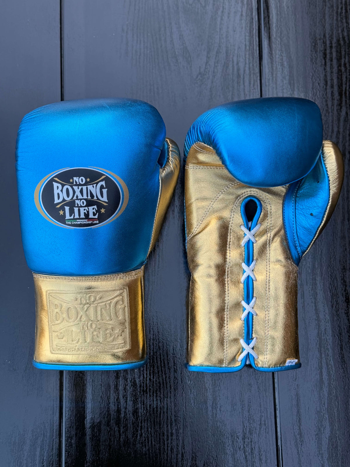 No Boxing No Life Gloves Blue/Gold Padded Leather Training Gloves Front View