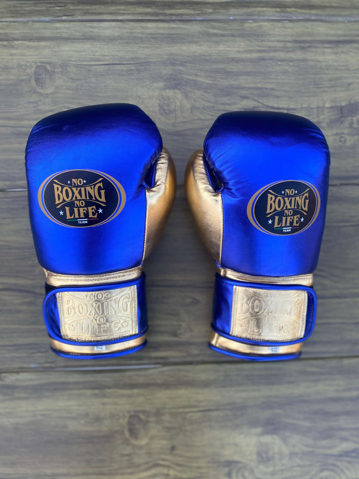 No Boxing No Life Gloves Blue/Gold Leather Gloves Back View