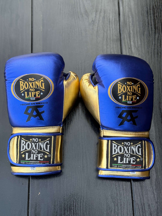 No Boxing No Life Gloves Blue/Gold Leather Training Gloves Back View