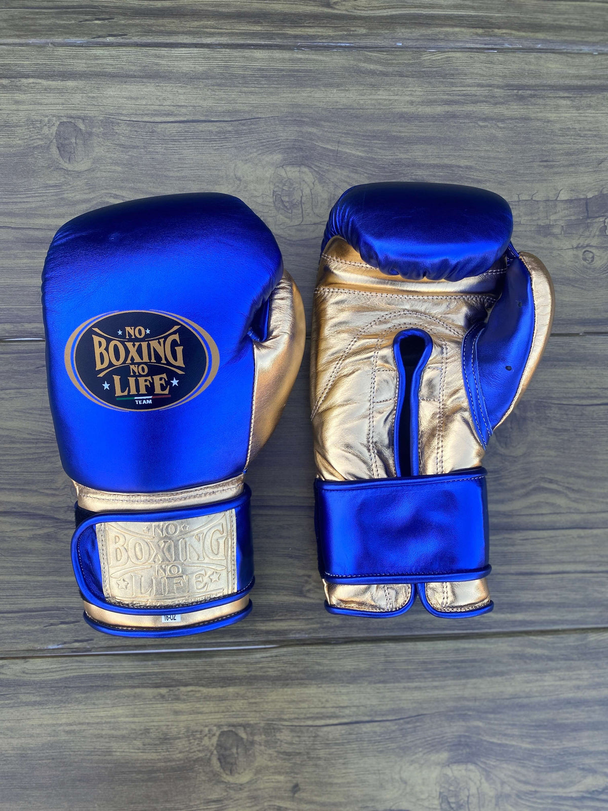 No Boxing No Life Gloves Blue/Gold Leather Gloves Front View