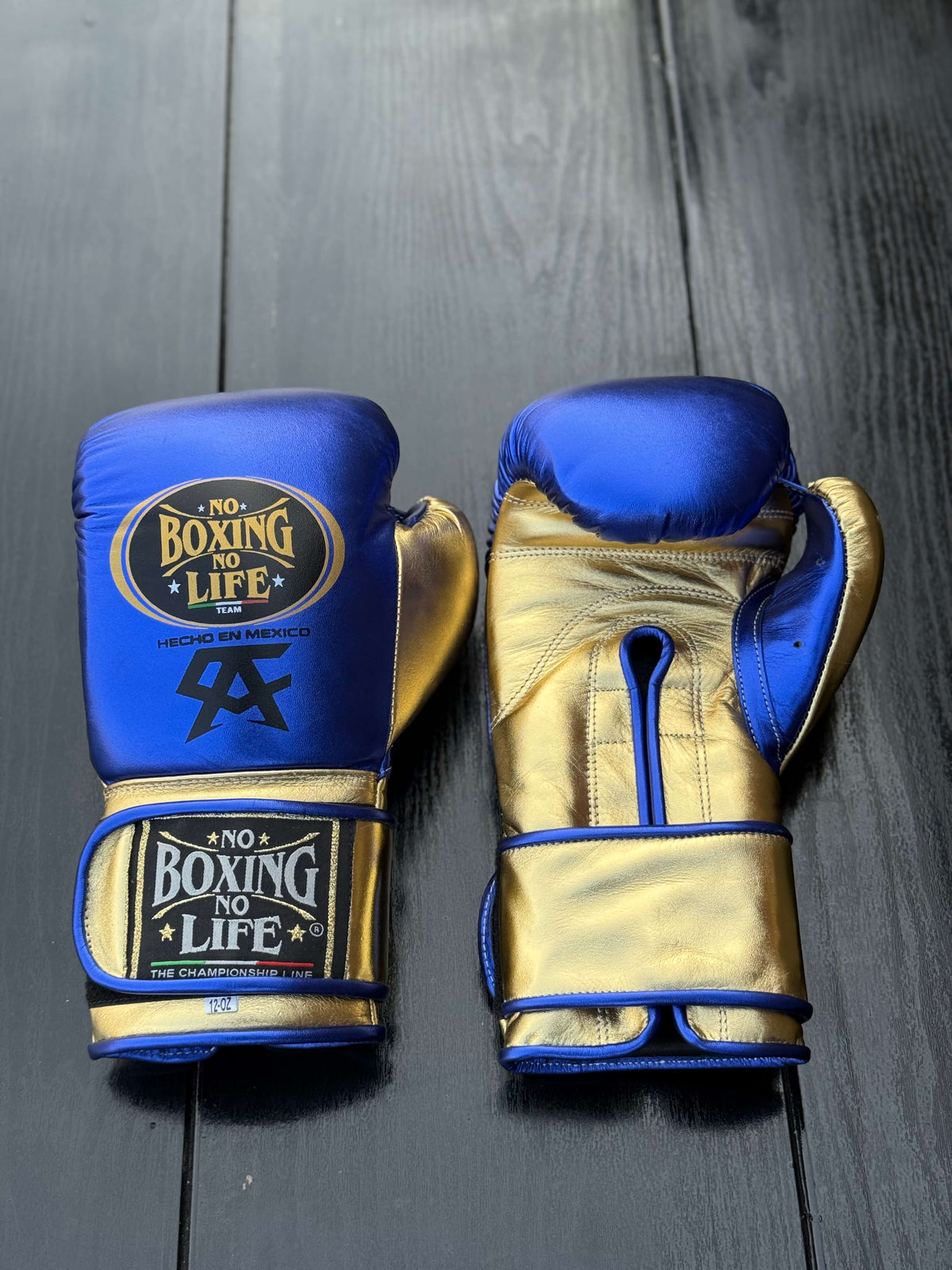 No Boxing No Life Gloves Blue/Gold Leather Training Gloves Front View