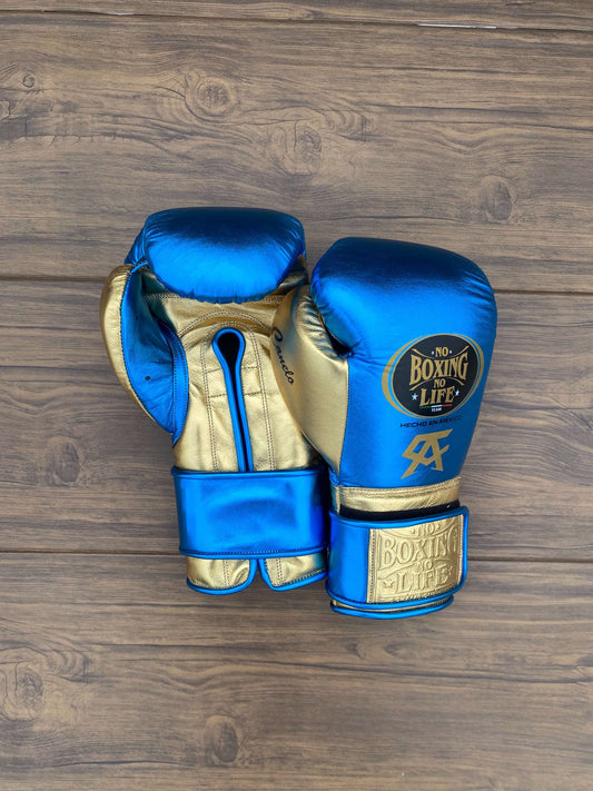 No Boxing No Life Gloves Blue/Gold Padded Leather Gloves for Boxing Drills