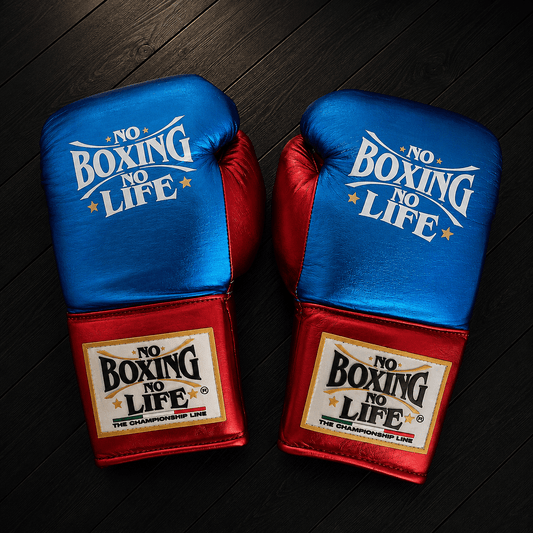 No Boxing No Life Gloves Blue/Red Lace Up Leather Gloves for Training