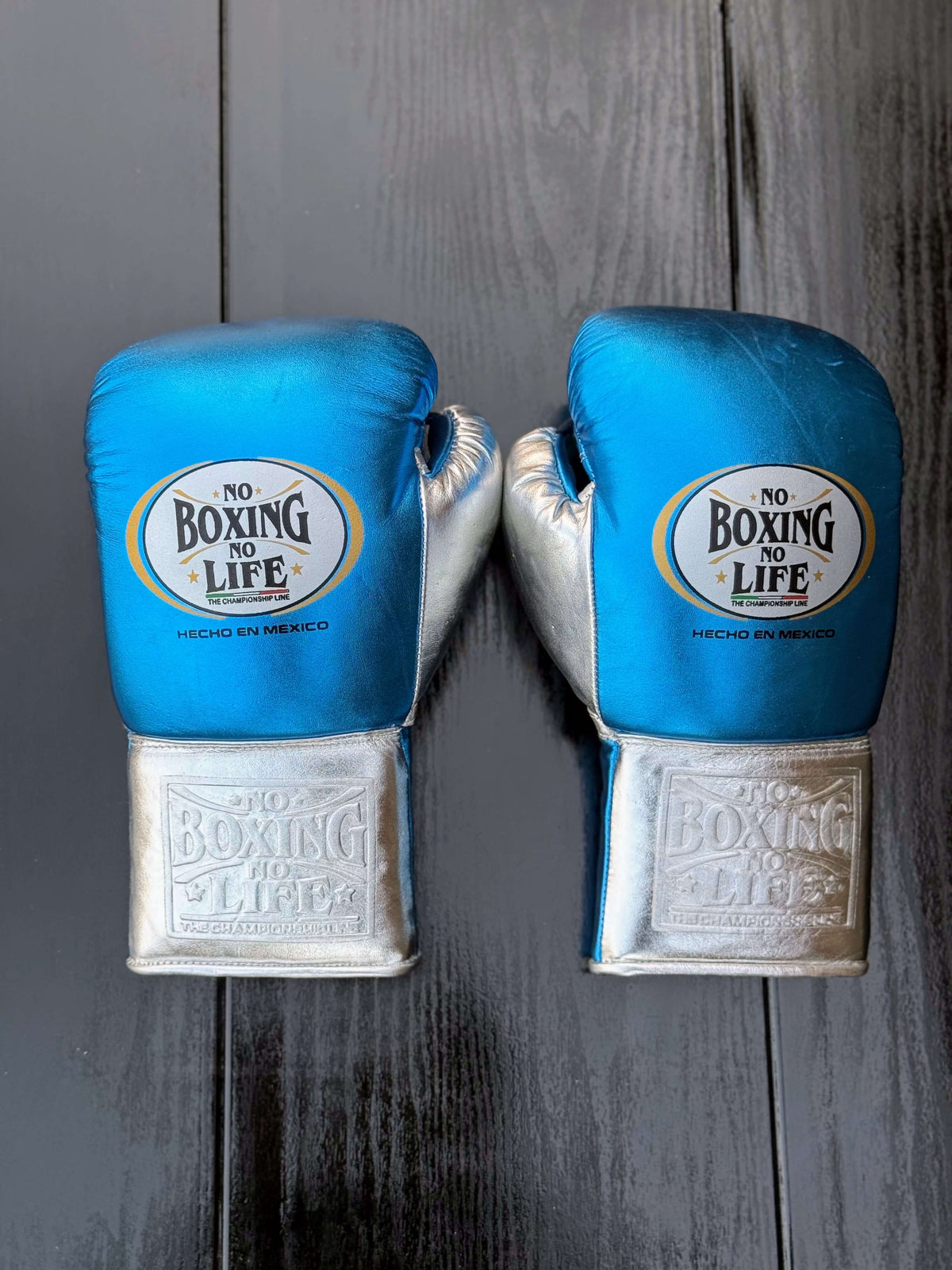 No Boxing No Life Gloves Blue/Silver Leather Gloves Back View