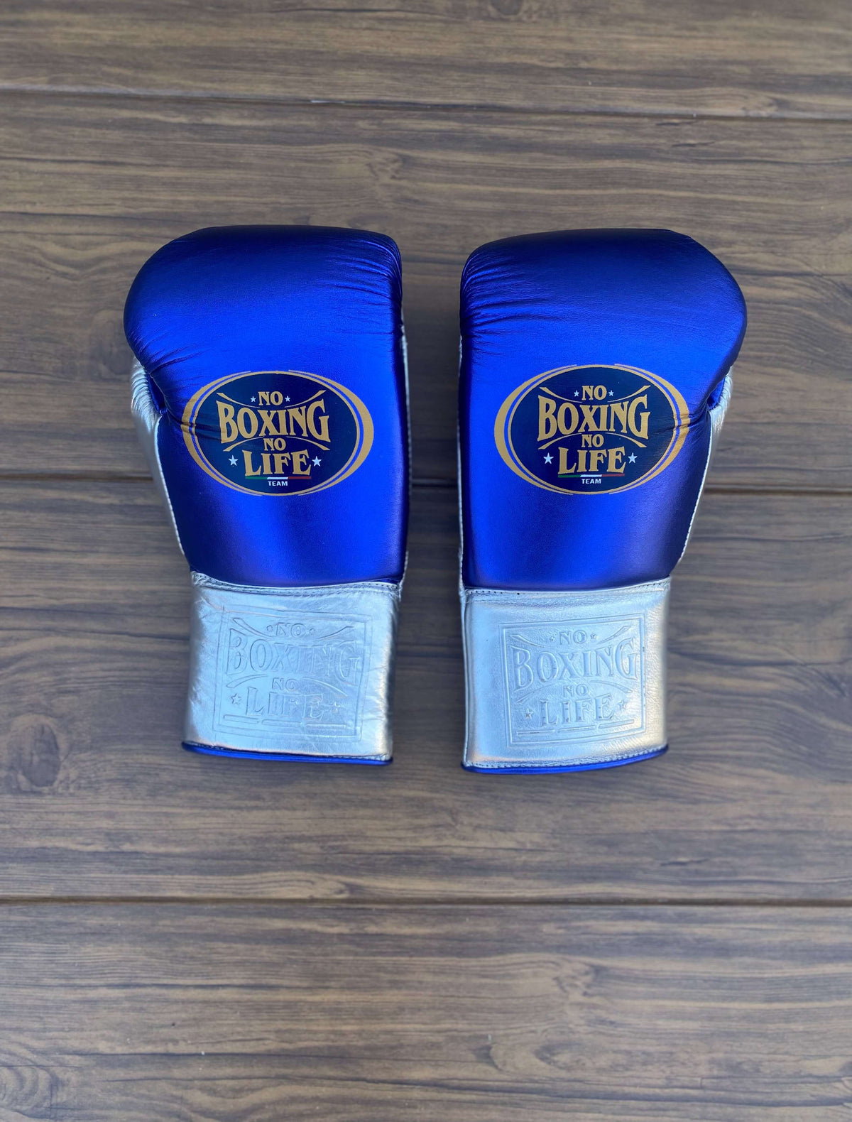 No Boxing No Life Gloves Blue/Silver Leather Gloves Back View