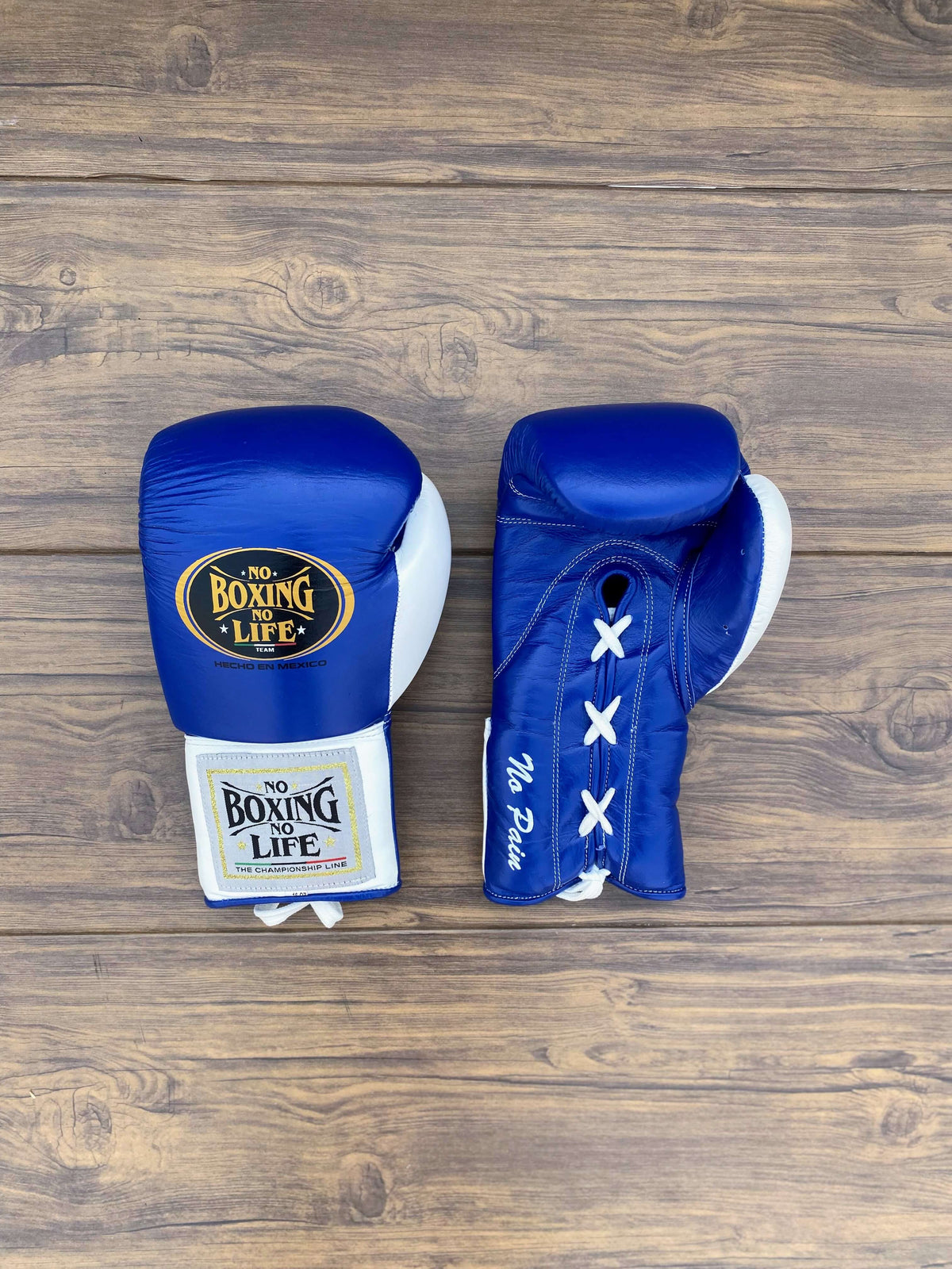 No Boxing No Life Gloves Blue/White Leather Gloves Front View