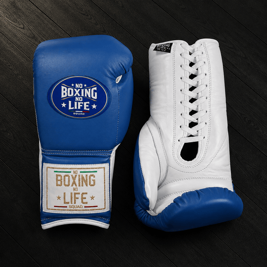 No Boxing No Life Gloves Blue/White Lace Up Leather Gloves for Training