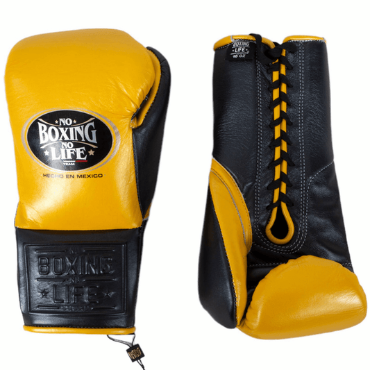 No Boxing No Life Gold/Black Leather Boxing Gloves Heavy Duty Training Pair