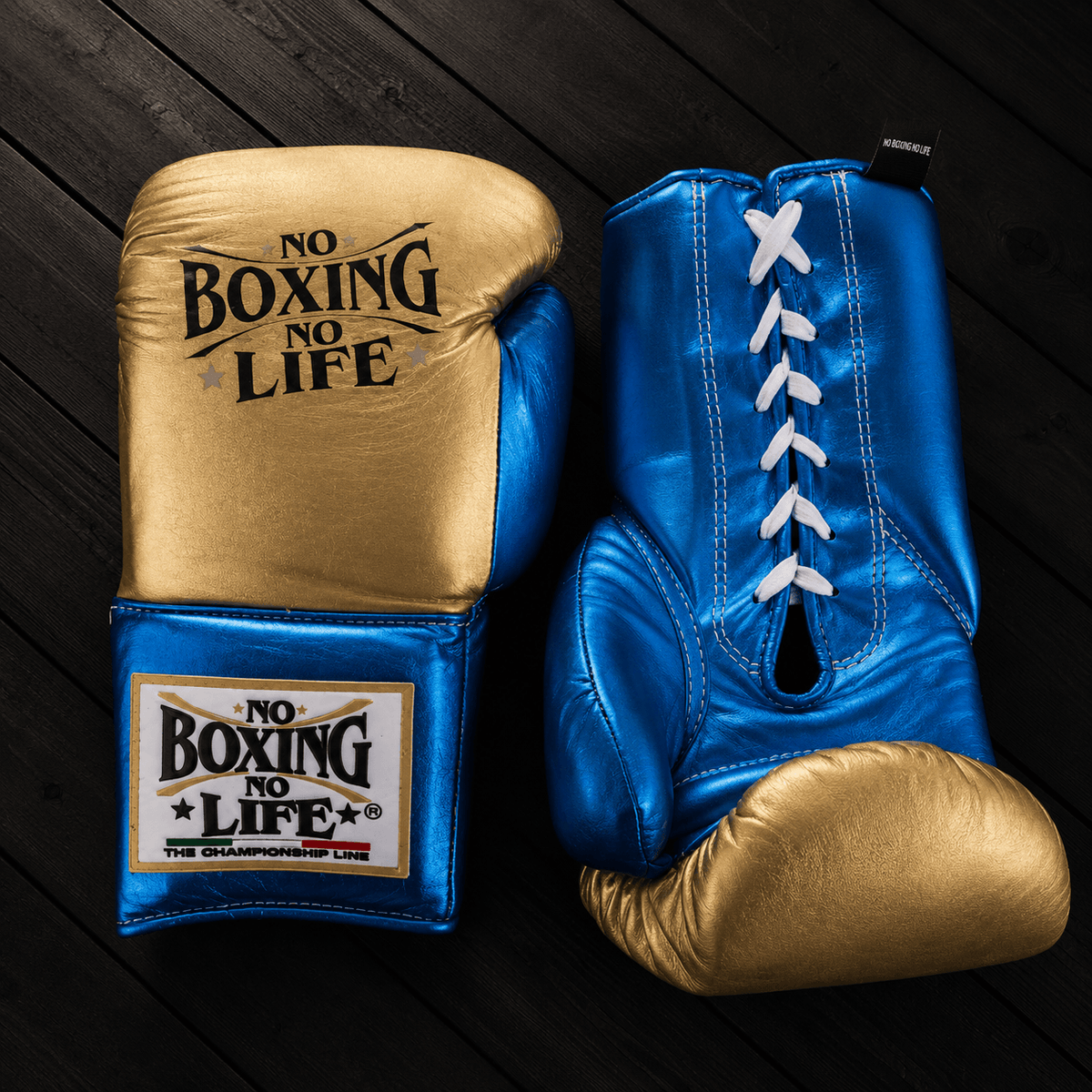 No Boxing No Life Gloves Gold/Blue Lace Up Leather Gloves for Combat Drills