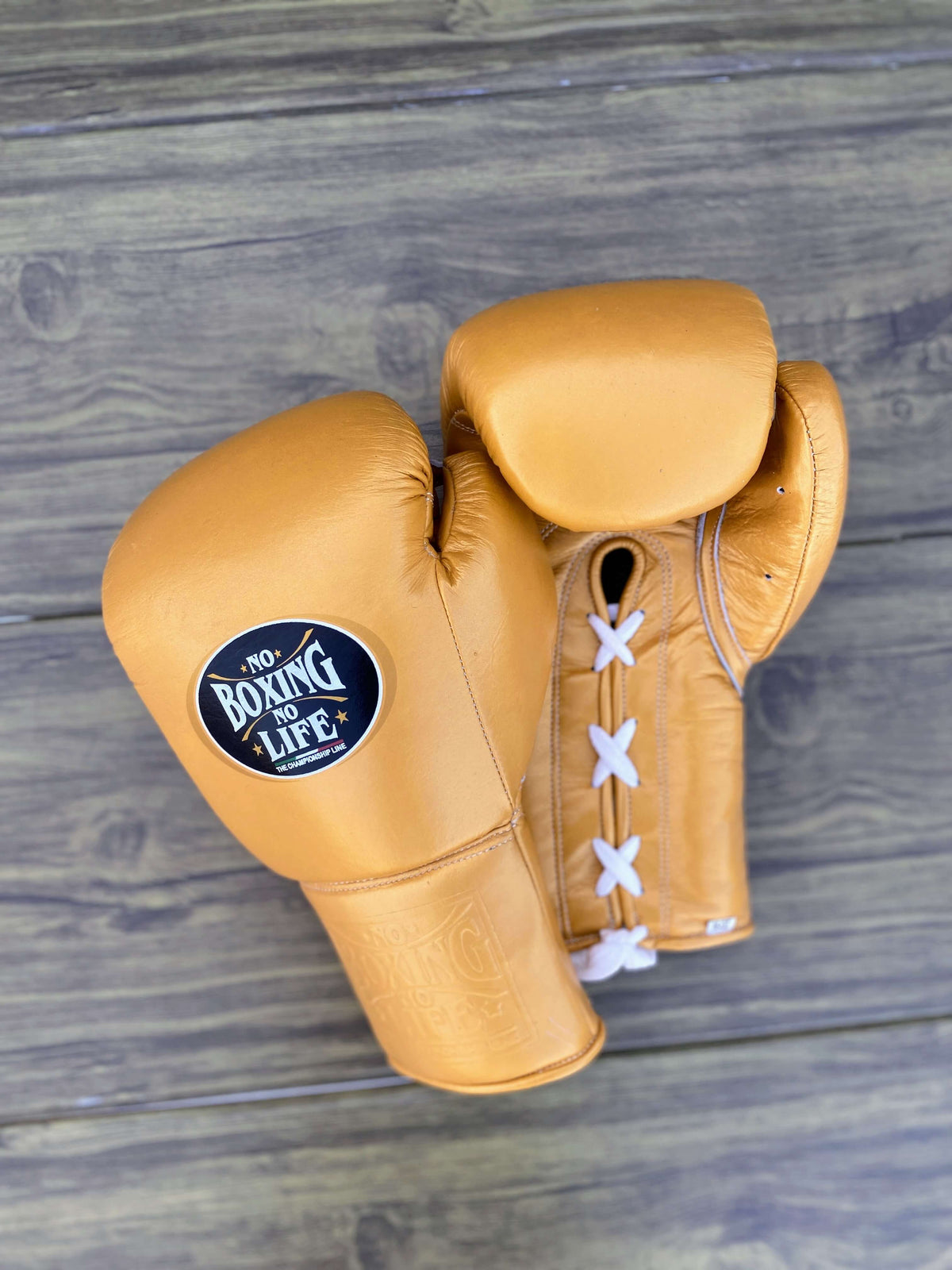No Boxing No Life Gloves Golden Leather Training Gloves Front View