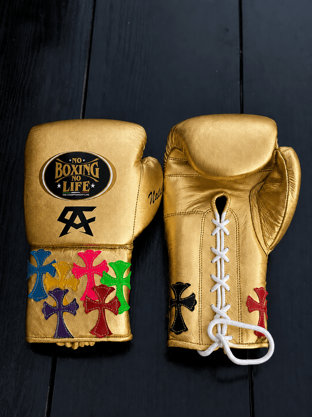 No Boxing No Life Golden Leather Boxing Gloves Heavy Duty Training Pair