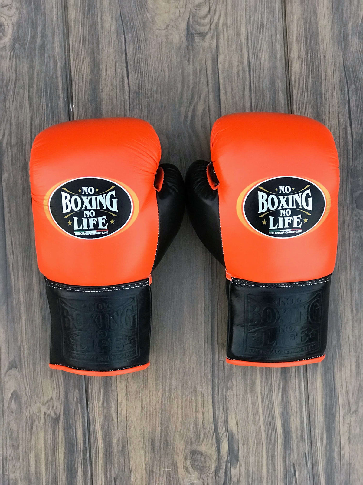No Boxing No Life Gloves Orange/Black Padded Leather Training Gloves Back View