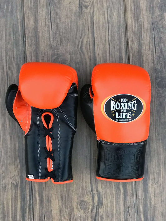 No Boxing No Life Gloves Orange/Black Padded Leather Training Gloves Front View