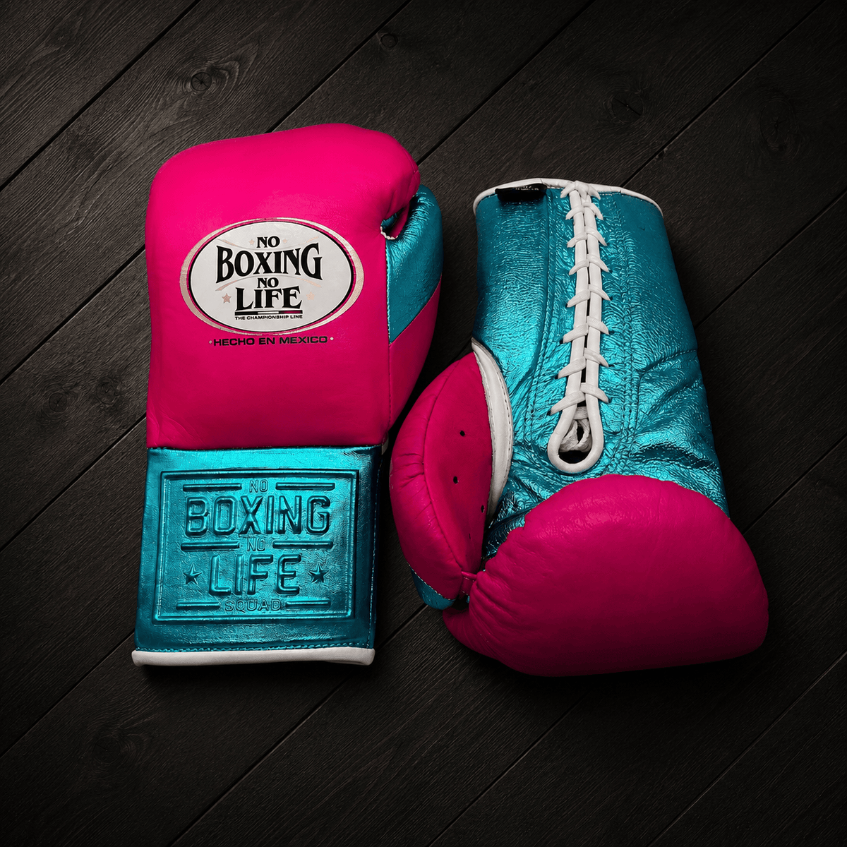 No Boxing No Life Gloves Pink/Blue Padded Leather Training Gloves