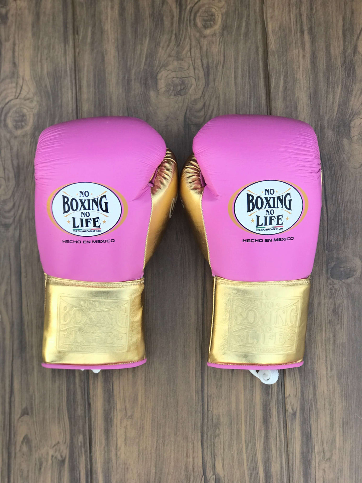 No Boxing No Life Gloves Pink/Gold Lace Up Leather Gloves Back View