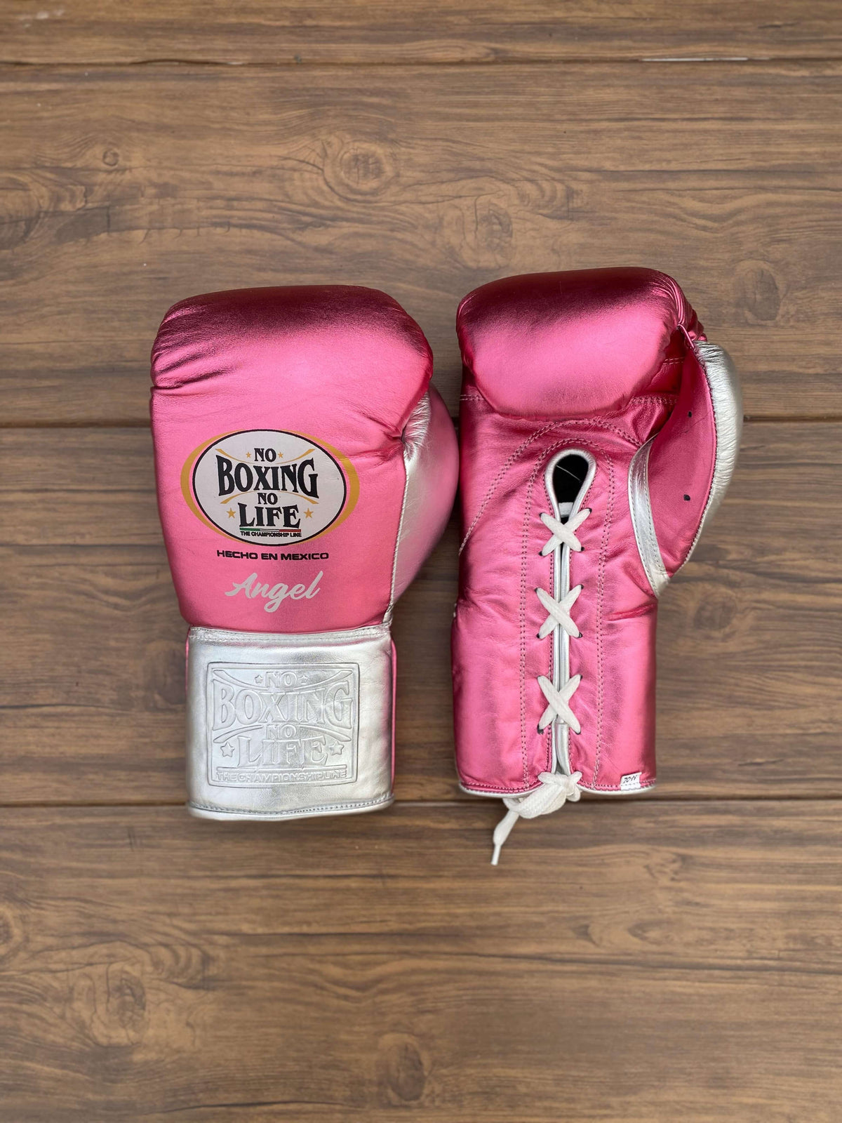 No Boxing No Life Gloves Pink/Silver  Curved Leather Gloves Front View